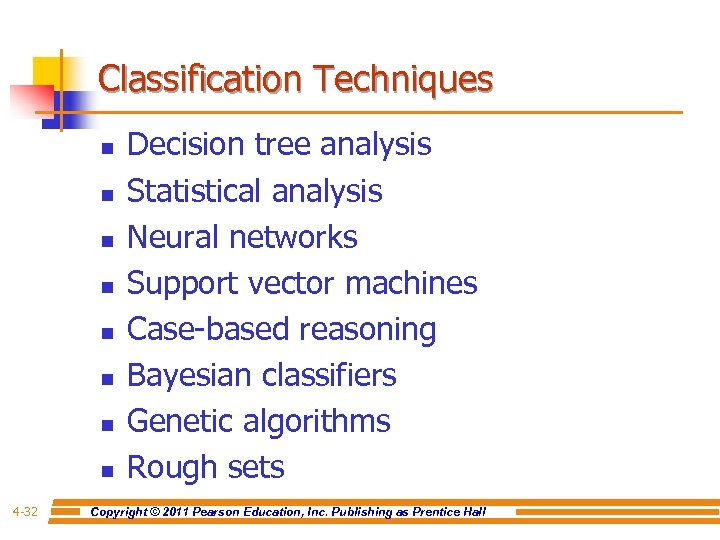 Classification Techniques n n n n 4 -32 Decision tree analysis Statistical analysis Neural