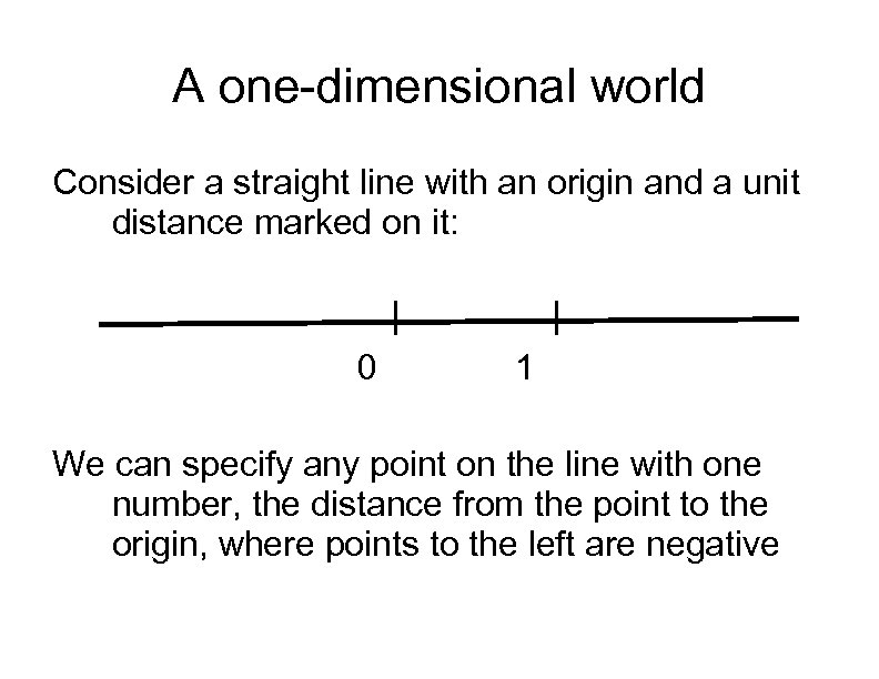 A one-dimensional world Consider a straight line with an origin and a unit distance