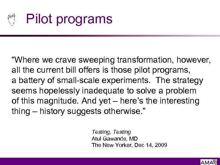 Pilot programs “Where we crave sweeping transformation, however, all the current bill offers is