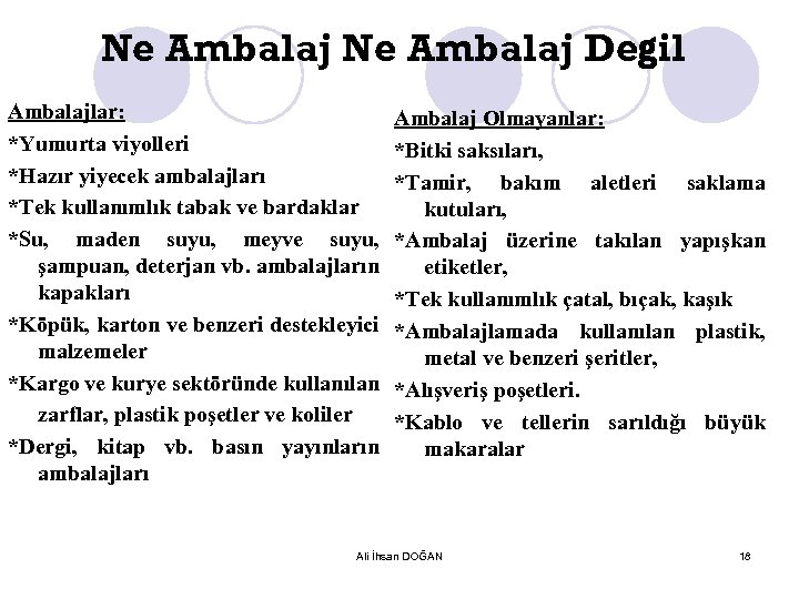 Ne Ambalaj Değil Ambalajlar: *Yumurta viyolleri *Hazır yiyecek ambalajları *Tek kullanımlık tabak ve bardaklar