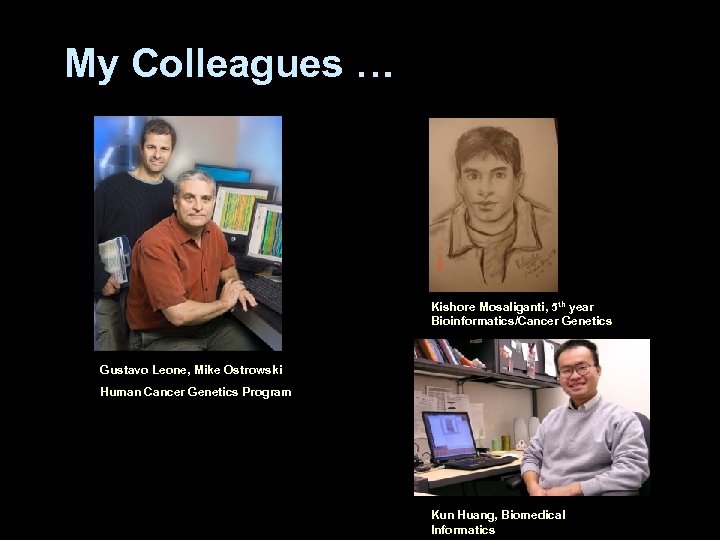 My Colleagues … Kishore Mosaliganti, 5 th year Bioinformatics/Cancer Genetics Gustavo Leone, Mike Ostrowski