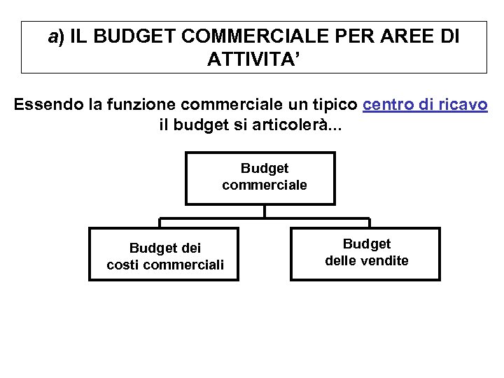 a) IL BUDGET COMMERCIALE PER AREE DI ATTIVITA’ Essendo la funzione commerciale un tipico