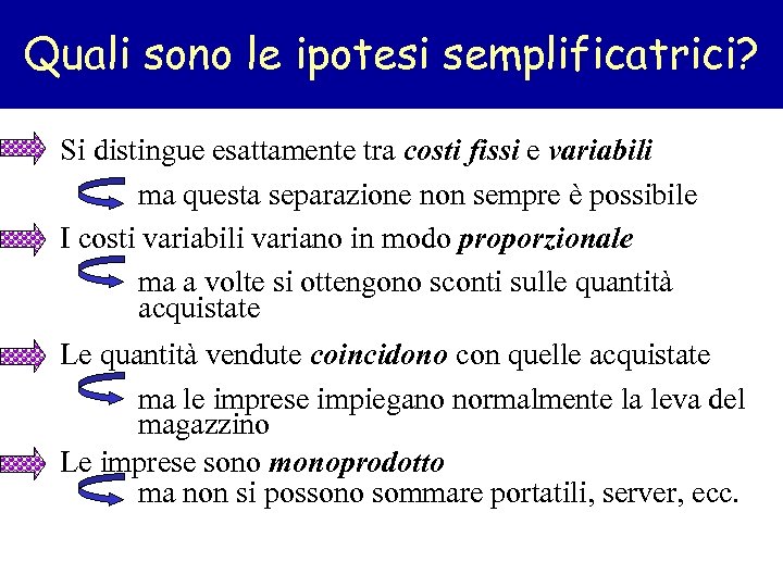 Quali sono le ipotesi semplificatrici? Si distingue esattamente tra costi fissi e variabili ma