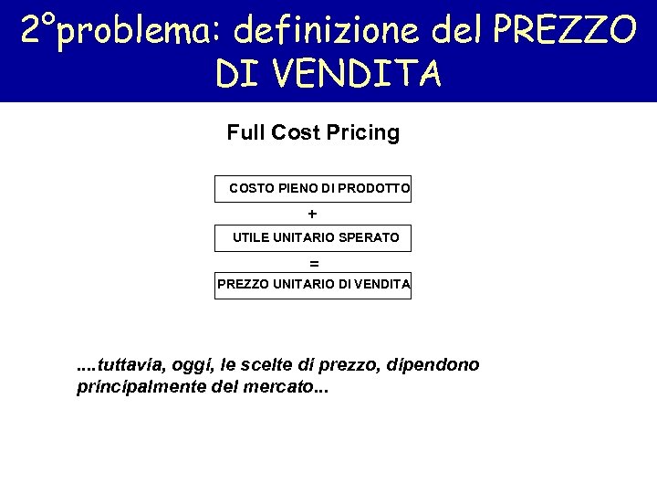 2°problema: definizione del PREZZO DI VENDITA Full Cost Pricing COSTO PIENO DI PRODOTTO +