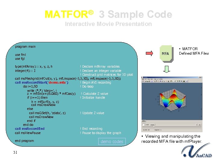 MATFOR® 3 Sample Code Interactive Movie Presentation program main MFA use fml use fgl