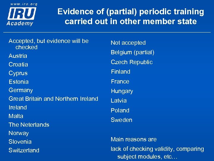 Evidence of (partial) periodic training carried out in other member state Accepted, but evidence