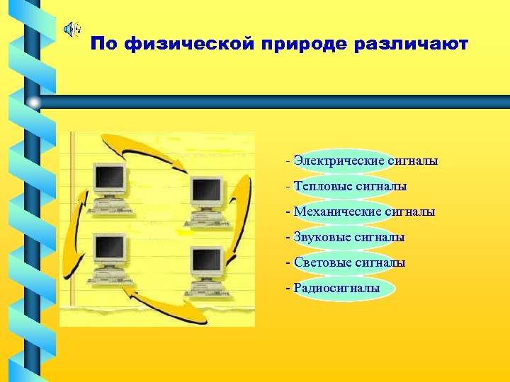 По физической природе различают - Электрические сигналы - Тепловые сигналы - Механические сигналы -