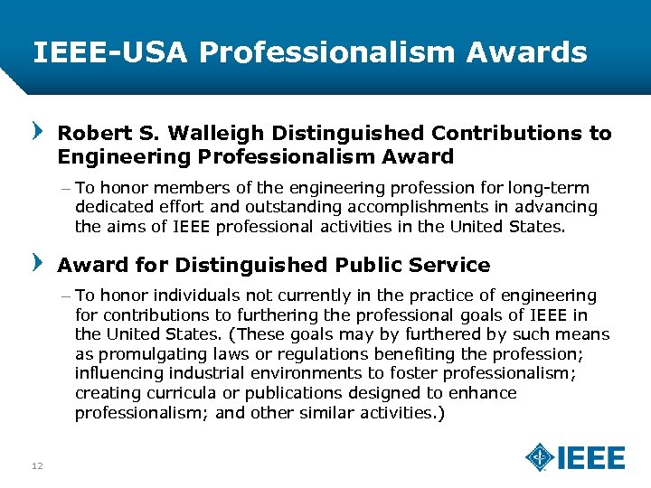IEEE-USA Professionalism Awards Robert S. Walleigh Distinguished Contributions to Engineering Professionalism Award – To