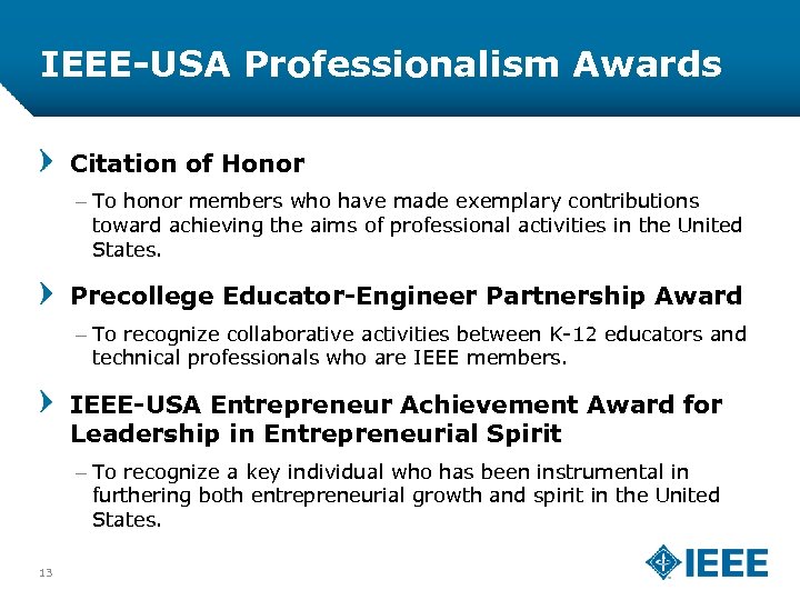 IEEE-USA Professionalism Awards Citation of Honor – To honor members who have made exemplary