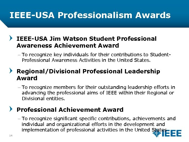IEEE-USA Professionalism Awards IEEE-USA Jim Watson Student Professional Awareness Achievement Award – To recognize