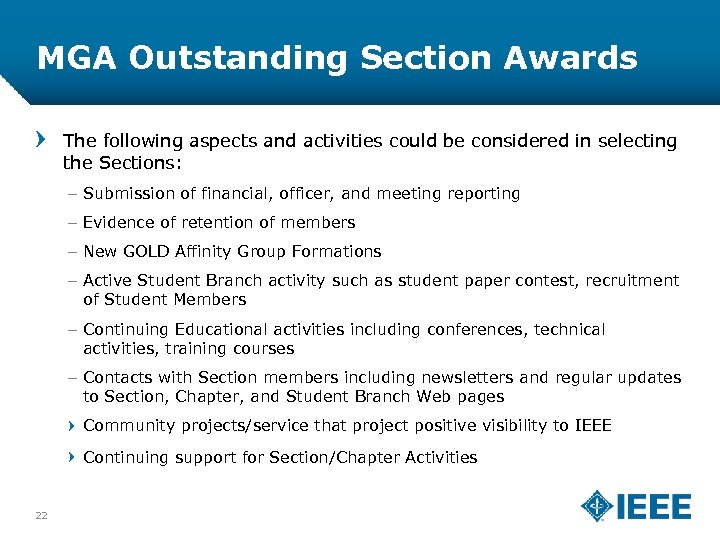 MGA Outstanding Section Awards The following aspects and activities could be considered in selecting