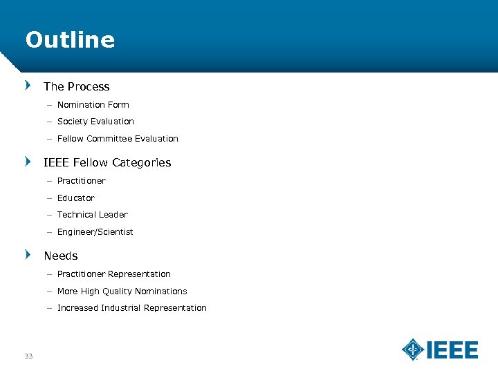 Outline The Process – Nomination Form – Society Evaluation – Fellow Committee Evaluation IEEE