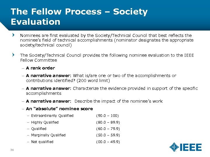 The Fellow Process – Society Evaluation Nominees are first evaluated by the Society/Technical Council