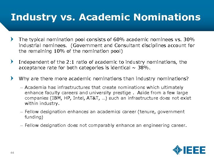 Industry vs. Academic Nominations The typical nomination pool consists of 60% academic nominees vs.