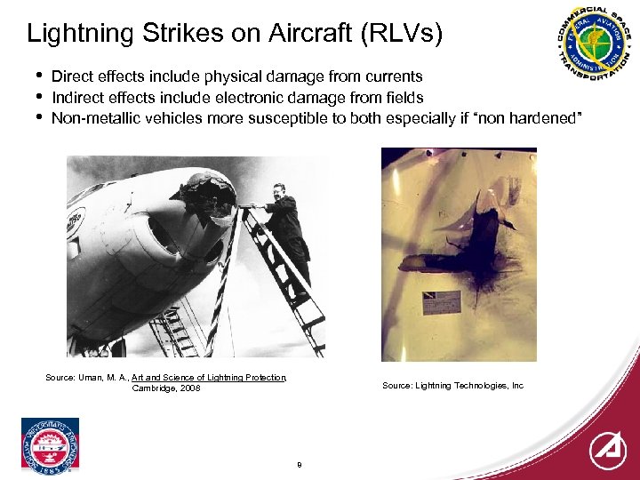 Lightning Strikes on Aircraft (RLVs) • • • Direct effects include physical damage from