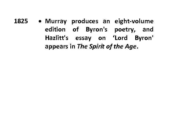 1825 Murray produces an eight-volume edition of Byron's poetry, and Hazlitt's essay on ‘Lord