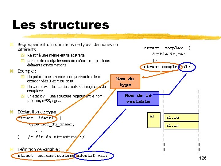 Les structures Regroupement d’informations de types identiques ou différents struct complex { double im,