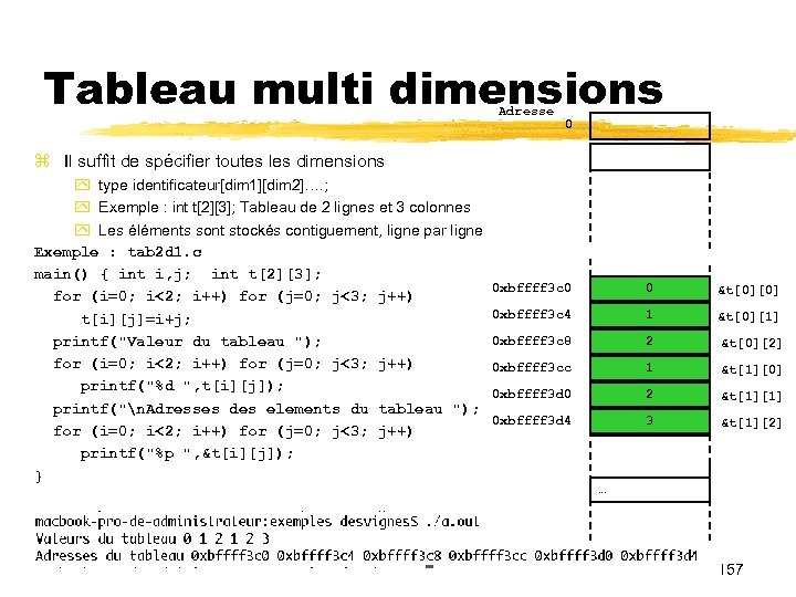 Tableau multi dimensions Adresse 0 Il suffit de spécifier toutes les dimensions type identificateur[dim