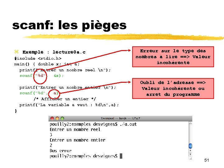 scanf: les pièges Exemple : lecture 0 a. c #include <stdio. h> main() {