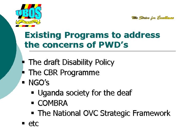 Existing Programs to address the concerns of PWD’s The draft Disability Policy The CBR