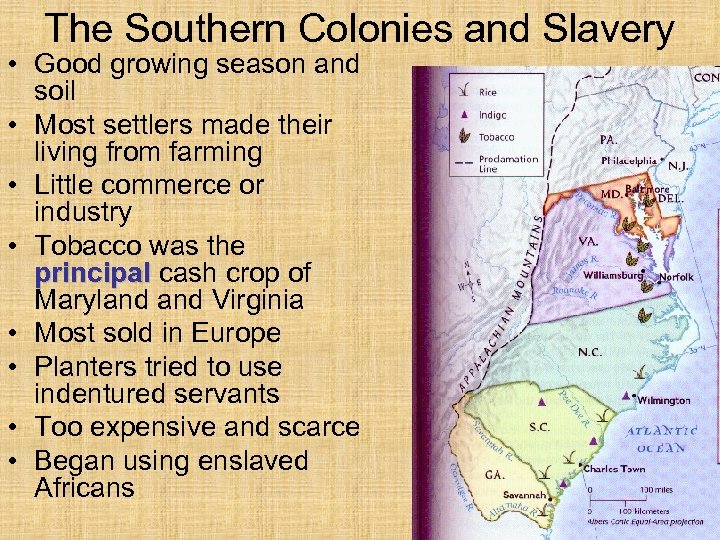 The Southern Colonies and Slavery • Good growing season and soil • Most settlers