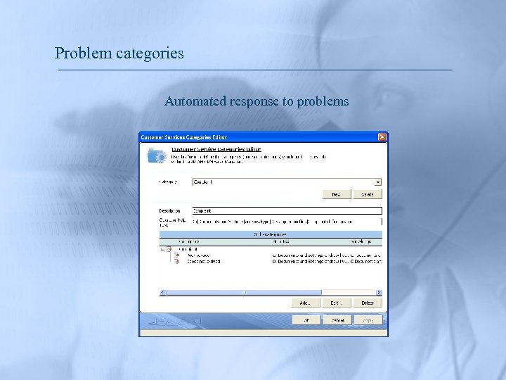Problem categories Automated response to problems 