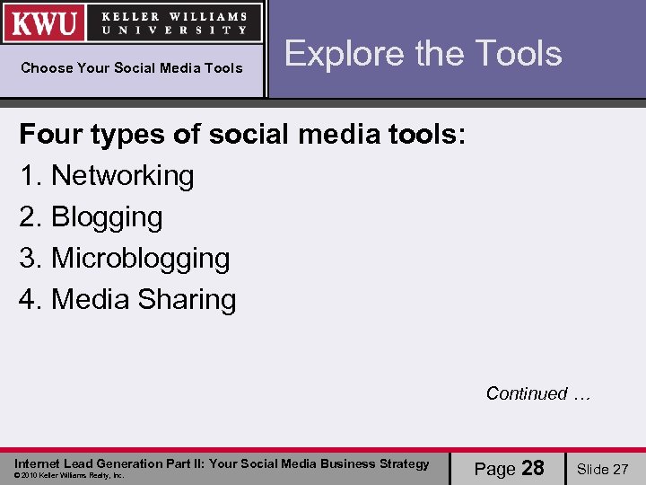 Choose Your Social Media Tools Explore the Tools Four types of social media tools: