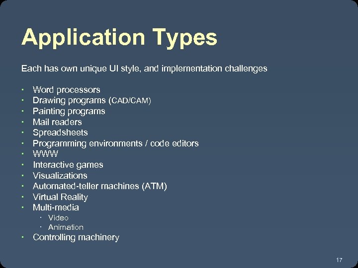 Application Types Each has own unique UI style, and implementation challenges Word processors Drawing