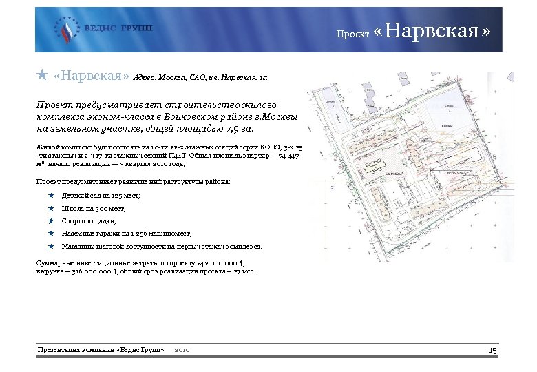 Проект «Нарвская» ★ «Нарвская» Адрес: Москва, САО, ул. Нарвская, 1 а Проект предусматривает строительство