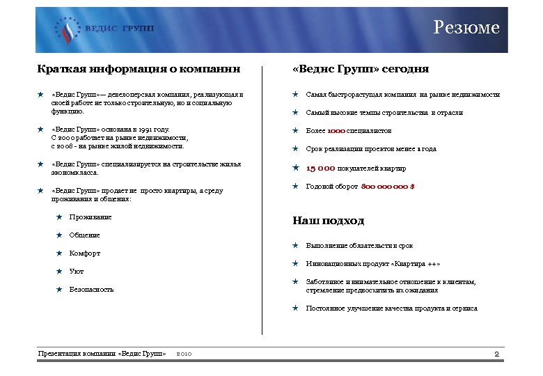 Резюме Краткая информация о компании «Ведис Групп» сегодня ★ «Ведис Групп» — девелоперская компания,