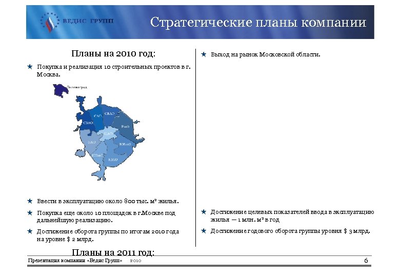 Стратегические планы компании Планы на 2010 год: ★ Выход на рынок Московской области. ★