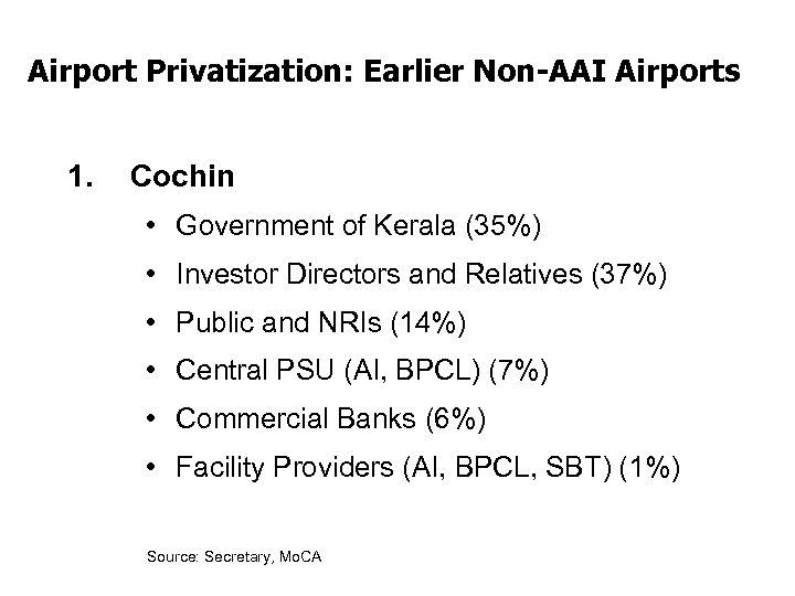 Airport Privatization: Earlier Non-AAI Airports 1. Cochin • Government of Kerala (35%) • Investor
