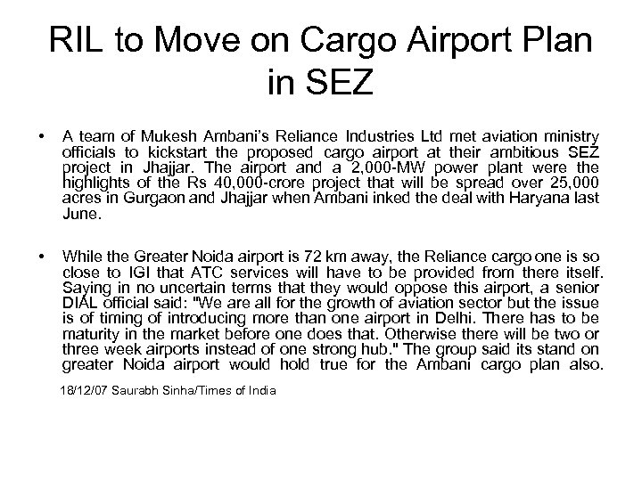 RIL to Move on Cargo Airport Plan in SEZ • A team of Mukesh