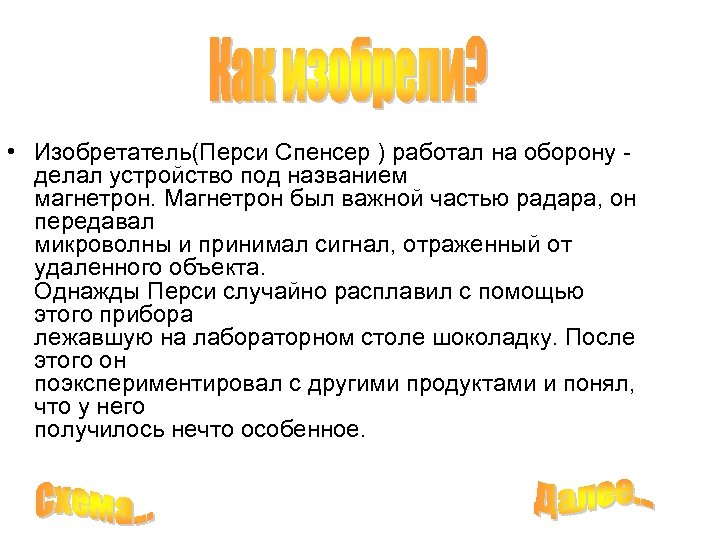  • Изобретатель(Перси Спенсер ) работал на оборону - делал устройство под названием магнетрон.