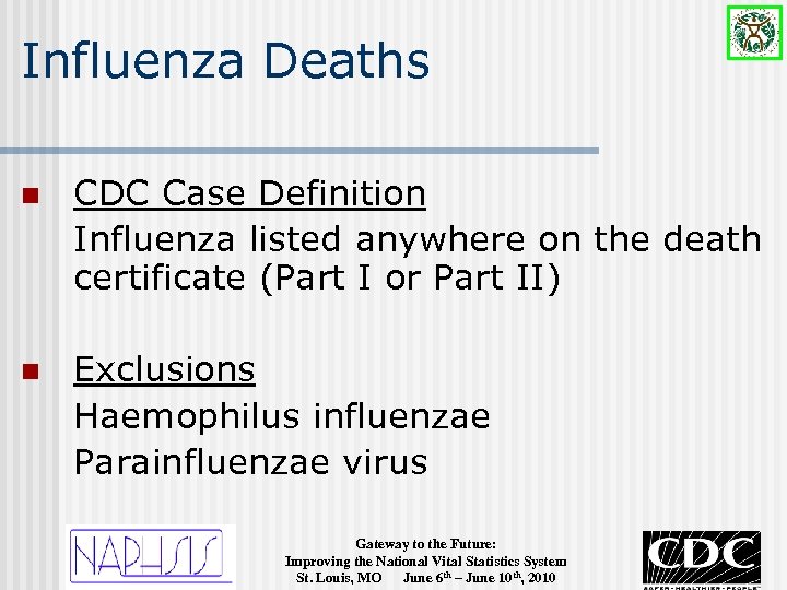 Influenza Deaths n CDC Case Definition Influenza listed anywhere on the death certificate (Part