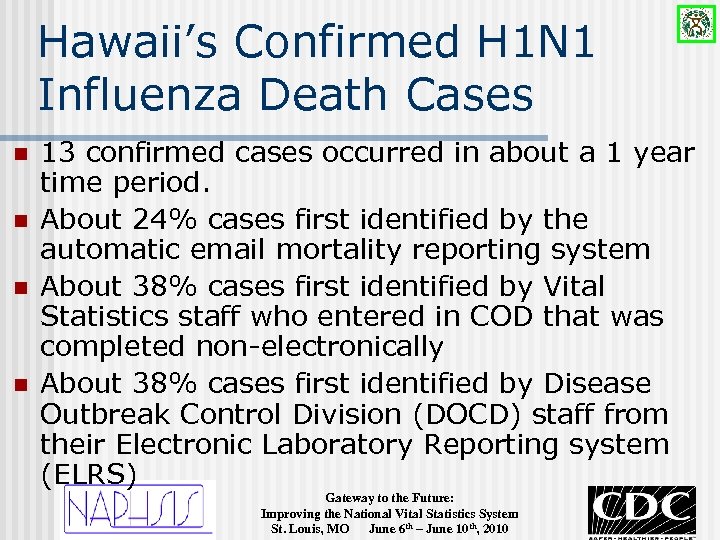 Hawaii’s Confirmed H 1 N 1 Influenza Death Cases n n 13 confirmed cases