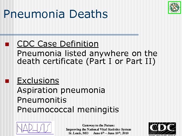 Pneumonia Deaths n CDC Case Definition Pneumonia listed anywhere on the death certificate (Part