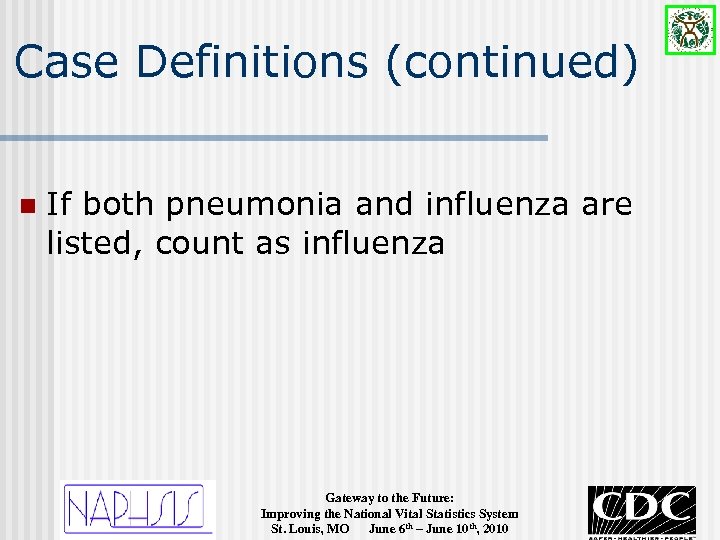 Case Definitions (continued) n If both pneumonia and influenza are listed, count as influenza