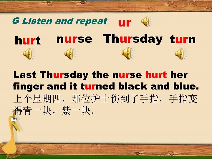 G Listen and repeat hurt ur nurse Thursday turn Last Thursday the nurse hurt