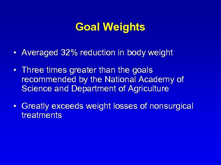 Goal Weights • Averaged 32% reduction in body weight • Three times greater than