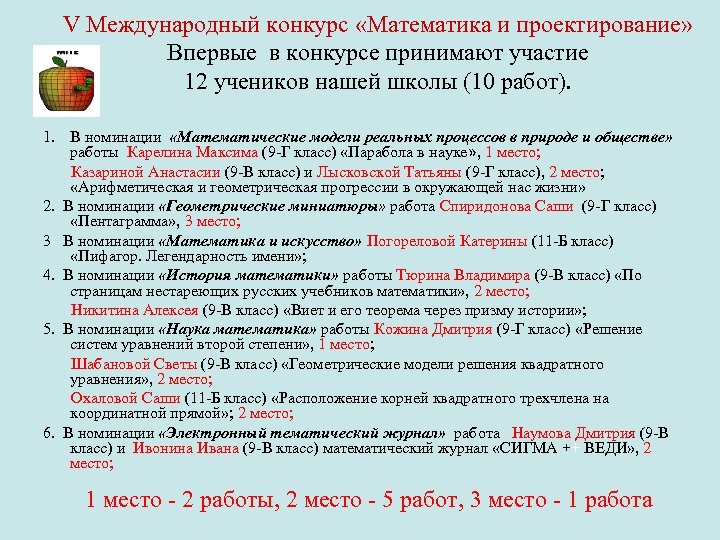 V Международный конкурс «Математика и проектирование» Впервые в конкурсе принимают участие 12 учеников нашей