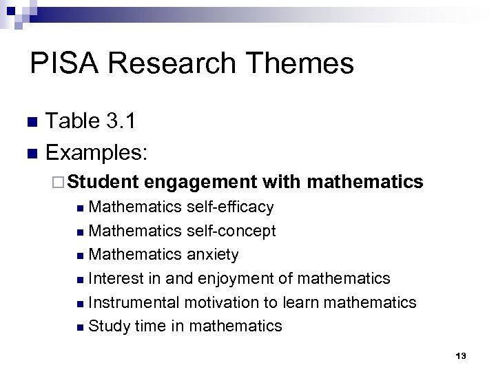 PISA Research Themes Table 3. 1 n Examples: n ¨ Student engagement with mathematics