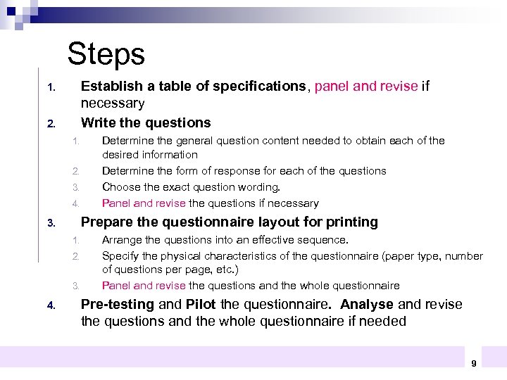 Steps Establish a table of specifications, panel and revise if necessary Write the questions