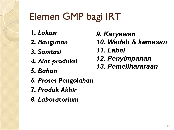 Elemen GMP bagi IRT 1. Lokasi 2. Bangunan 3. Sanitasi 4. Alat produksi 5.