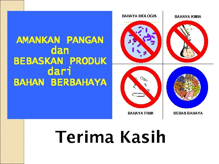 BAHAYA BIOLOGIS BAHAYA KIMIA AMANKAN PANGAN dan BEBASKAN PRODUK dari BAHAN BERBAHAYA FISIK Terima