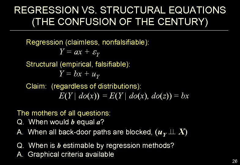 REGRESSION VS. STRUCTURAL EQUATIONS (THE CONFUSION OF THE CENTURY) Regression (claimless, nonfalsifiable): Y =