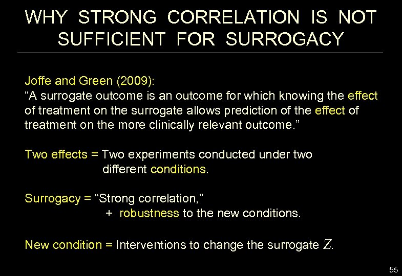 WHY STRONG CORRELATION IS NOT SUFFICIENT FOR SURROGACY Joffe and Green (2009): “A surrogate