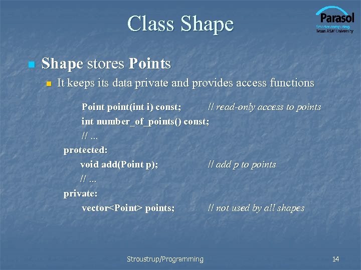Class Shape n Shape stores Points n It keeps its data private and provides