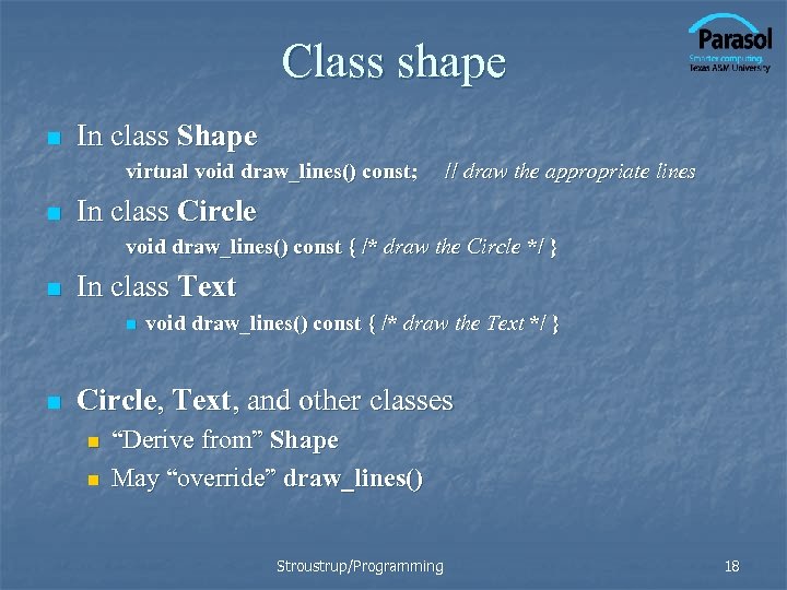 Class shape n In class Shape virtual void draw_lines() const; n // draw the