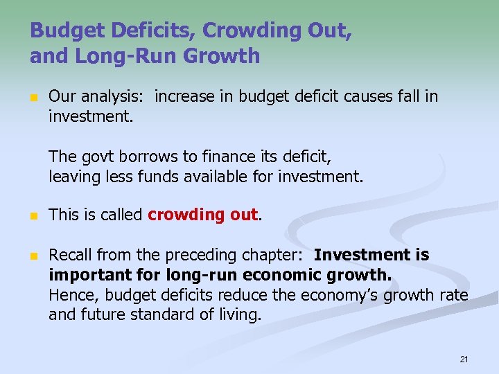 Budget Deficits, Crowding Out, and Long-Run Growth n Our analysis: increase in budget deficit